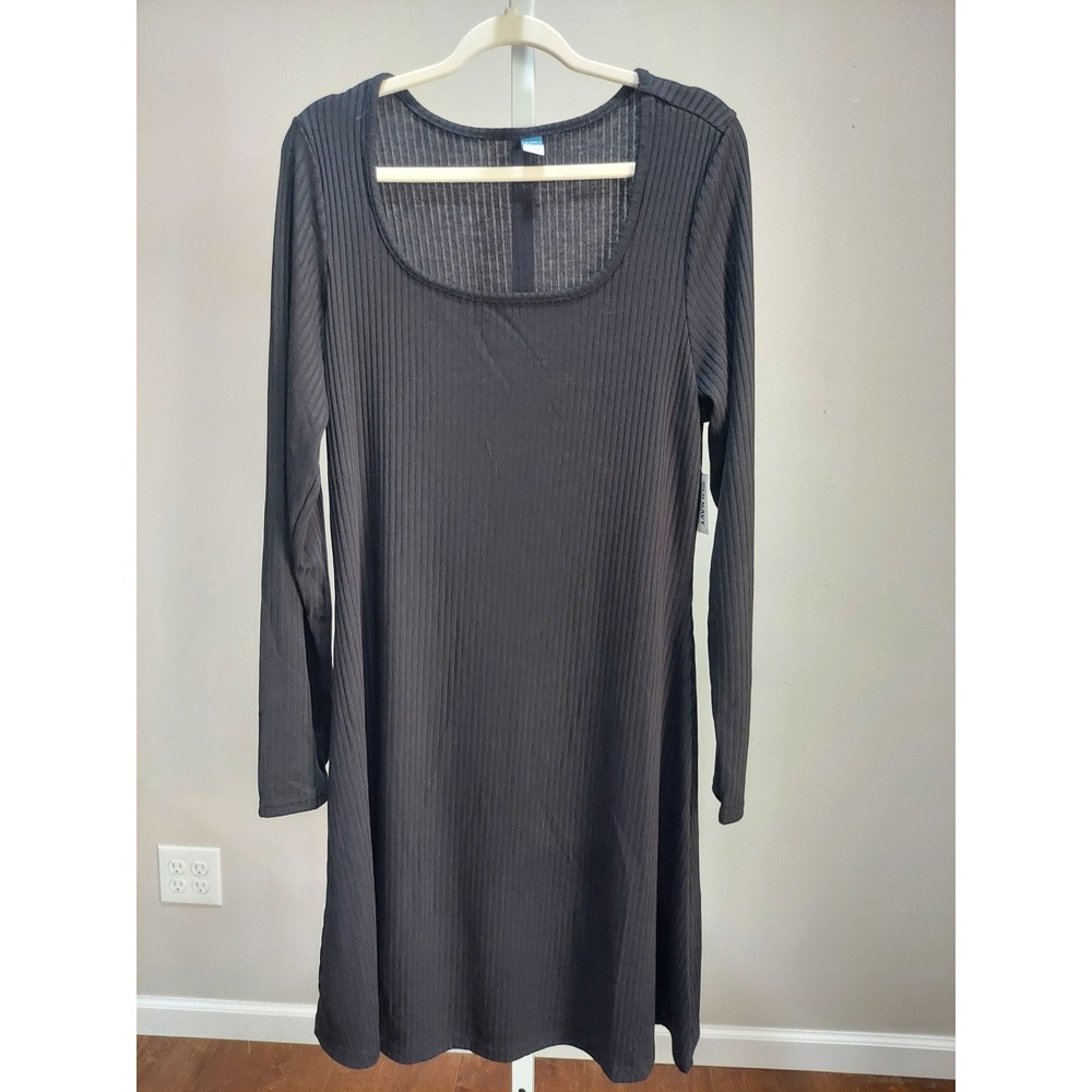 Old Navy Black Rib-Knit Long Sleeve Scoop Neck Swing Dress XL Tall NWT Minimal